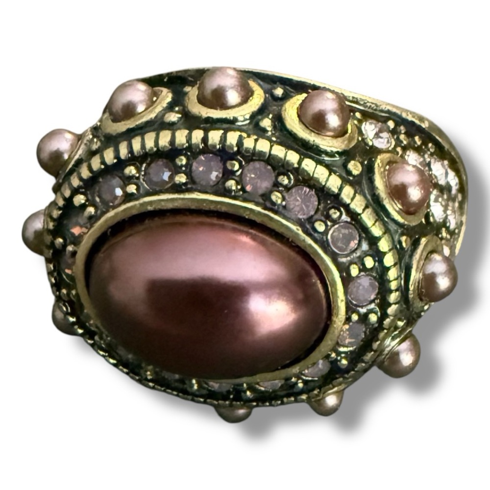 Heidi Daus Pink Cabochon Ornate Cocktail Party Ring Swarovski Crystals Sz 8.5